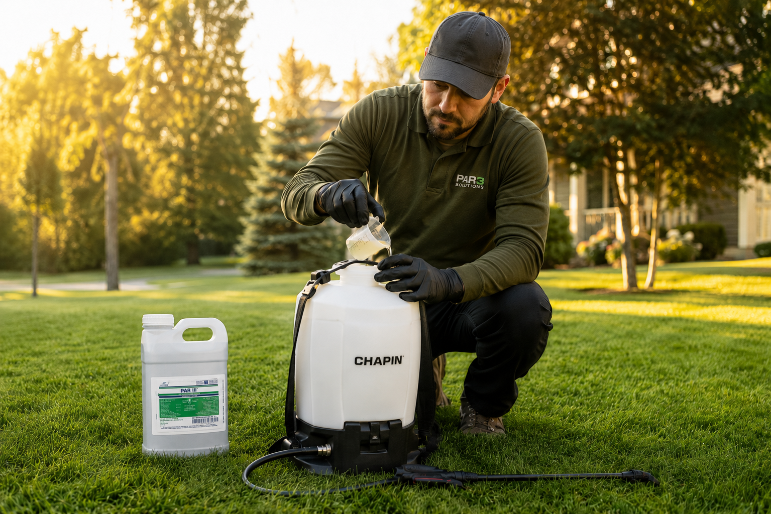 mixing Par 3 herbicide into a backpack sprayer